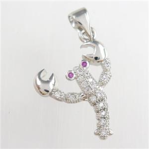 copper shrimp pendants paved zircon, platinum plated, approx 16-18mm