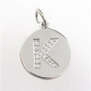 copper pendant paved zircon, letter K, platinum plated, approx 15mm dia