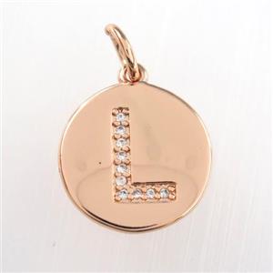 copper pendant paved zircon, letter L, rose gold, approx 15mm dia