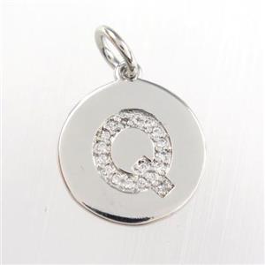 copper pendant paved zircon, letter Q, platinum plated, approx 15mm dia