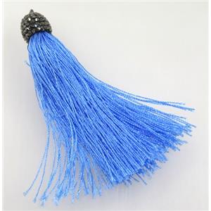 blue nylon tassel pave rhinestone, approx 12mm, 80mm length