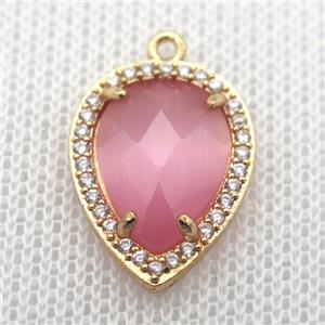 copper teardrop pendant pave zircon with pink crystal glass, gold plated, approx 13-18mm