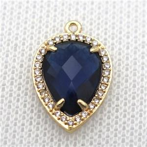 copper teardrop pendant pave zircon with deepblue crystal glass, gold plated, approx 13-18mm