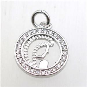 copper circle pendant pave zircon, platinum plated, approx 13mm dia