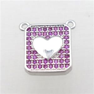 copper heart pendant pave zircon with 2loops, platinum plated, approx 10-13mm