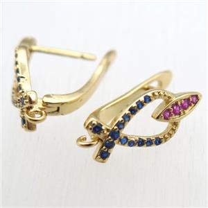 copper Latchback Earrings paved zircon with loop, gold plated, approx 12-18mm