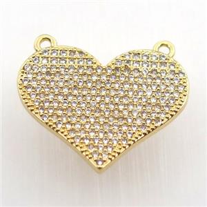 copper heart pendant pave zircon with 2loops, gold plated, approx 20-23mm