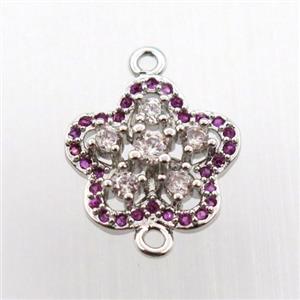 copper flower connector paved zircon, platinum plated, approx 14mm dia
