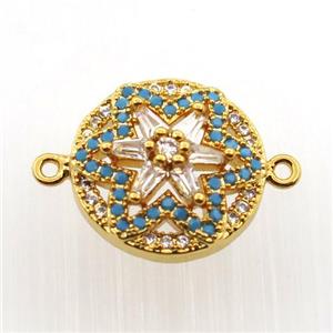 copper flower connector paved zircon, gold plated, approx 14mm dia