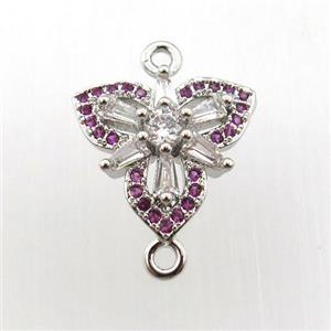 copper connector paved zircon, clover, platinum plated, approx 13-14mm