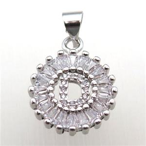 copper letter-D pendant paved zircon, platinum plated, approx 15mm dia