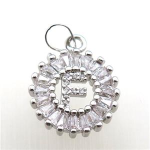 copper letter-F pendant paved zircon, platinum plated, approx 15mm dia