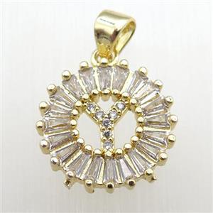 copper letter-Y pendant paved zircon, gold plated, approx 15mm dia