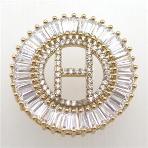 copper letter-H pendant paved zircon, gold plated, approx 28mm dia