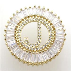 copper letter-J pendant paved zircon, gold plated, approx 28mm dia