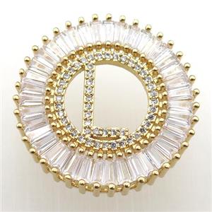 copper letter-L pendant paved zircon, gold plated, approx 28mm dia