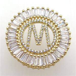 copper letter-M pendant paved zircon, gold plated, approx 28mm dia