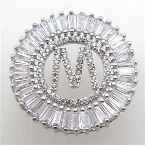 copper letter-M pendant paved zircon, platinum plated, approx 28mm dia