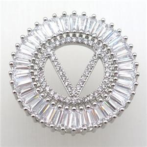 copper letter-V pendant paved zircon, platinum plated, approx 28mm dia