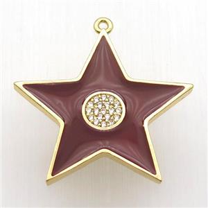 copper star pendant paved zircon, red enameling, gold plated, approx 30mm dia