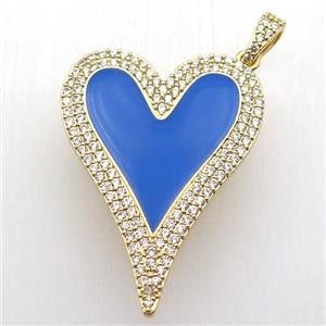 copper heart pendant paved zircon, blue enameling, gold plated, approx 30-40mm