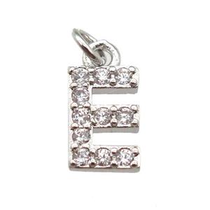 copper letter-E pendant paved zircon, platinum plated, approx 10mm