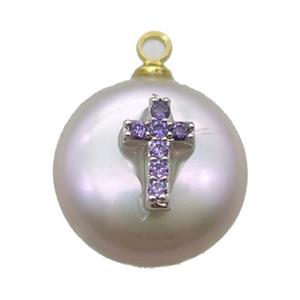 natural pearl pendant paved zircon, approx 14mm dia