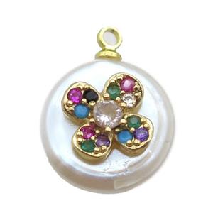 natural pearl pendant paved zircon, approx 14mm dia