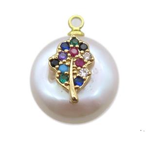 natural pearl pendant paved zircon, approx 14mm dia