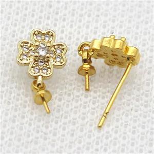 copper Stud Earrings paved zircon, clover, gold plated, approx 8mm