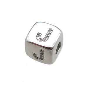 copper letter-J beads paved zircon, cube, platinum plated, approx 8.5mm, 4mm hole