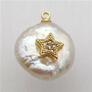 Natural pearl pendant with zircon, star, approx 10-16mm