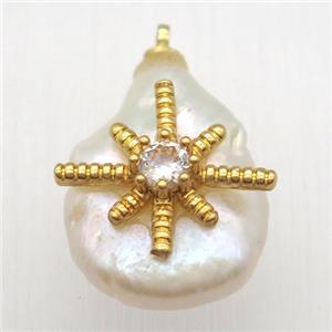 Natural pearl pendant with zircon, approx 18mm dia