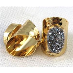 silver druzy quartz ring, copper, gold plated, approx 15-22mm