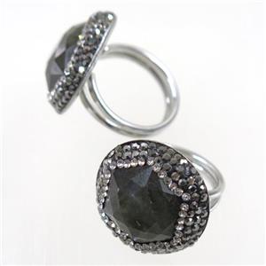 Labradorite Ring paved rhinestone, approx 18mm dia