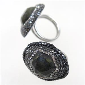 Labradorite Ring paved rhinestone, approx 19mm dia
