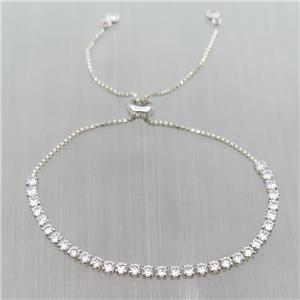 Sterling Silver Bracelet pave clear zircon, Adjustable, platinum plated, approx 3mm, 26cm length