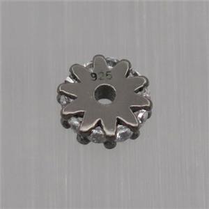 Sterling Silver beads paved zircon, rondelle, black plated, approx 6mm dia