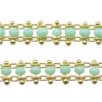 copper chain with crystal glass bead, tube, gold plated, approx 3mm, 6mm wide