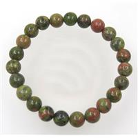 green Unakite bead bracelet, round, stretchy, approx 8mm, 60mm dia