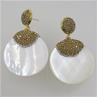 white Shell Earring pave yellow rhinestone, approx 35mm dia