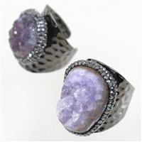 Druzy Amethyst copper Ring paved rhinestone, black plated, approx 20-25mm