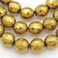 faceted round Hematite beads, gold plated, approx 14mm dia