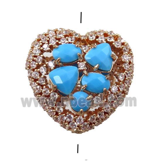 copper heart beads paved zircon with blue crystal glass, hollow, gold plated