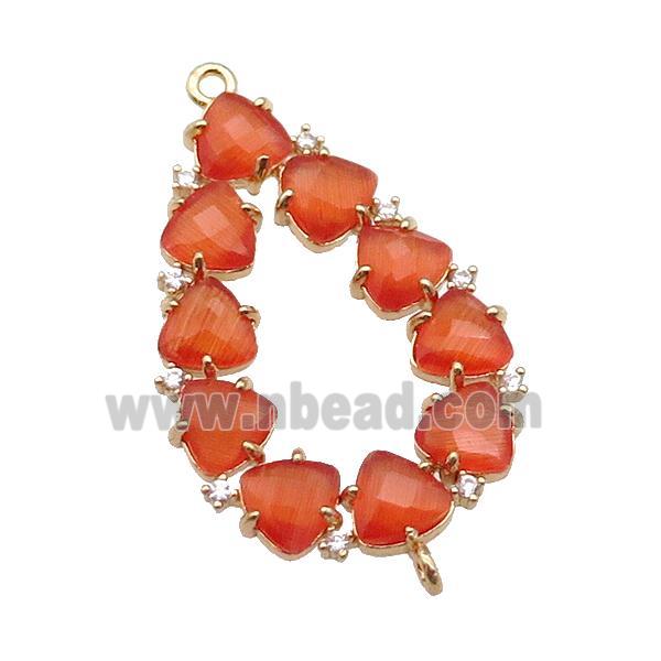 copper teardrop connector pave orange Cat Eye Crystal, gold plated