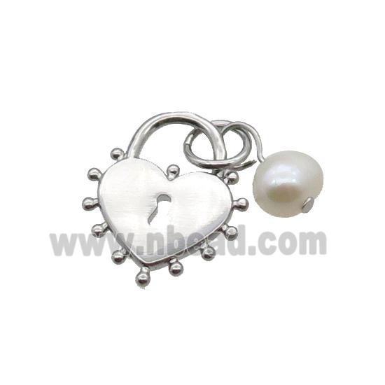 Copper Lock Pendant With Pearl Heart Platinum Plated