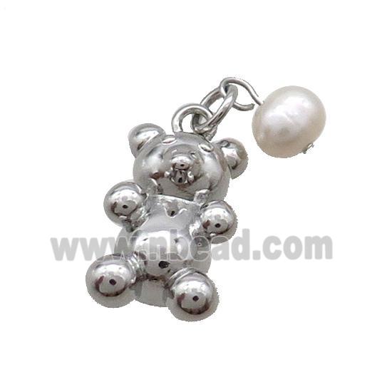 Copper Bear Pendant With Pearl Platinum Plated