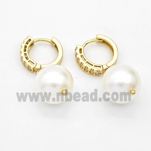 Copper Hoop Earrings Pave Zirconia White Pearlized Plastic Gold Plated