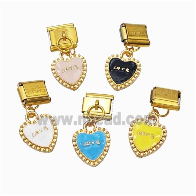 Stainless Steel Element For Module Bracelet With Copper Heart Pendant Enamel Gold Plated Mixed