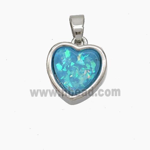 Copper Heart Pendant Pave Aqua Fire Opal Platinum Plated